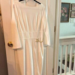 Halston Heritage White Dress with Gold Chain Detail